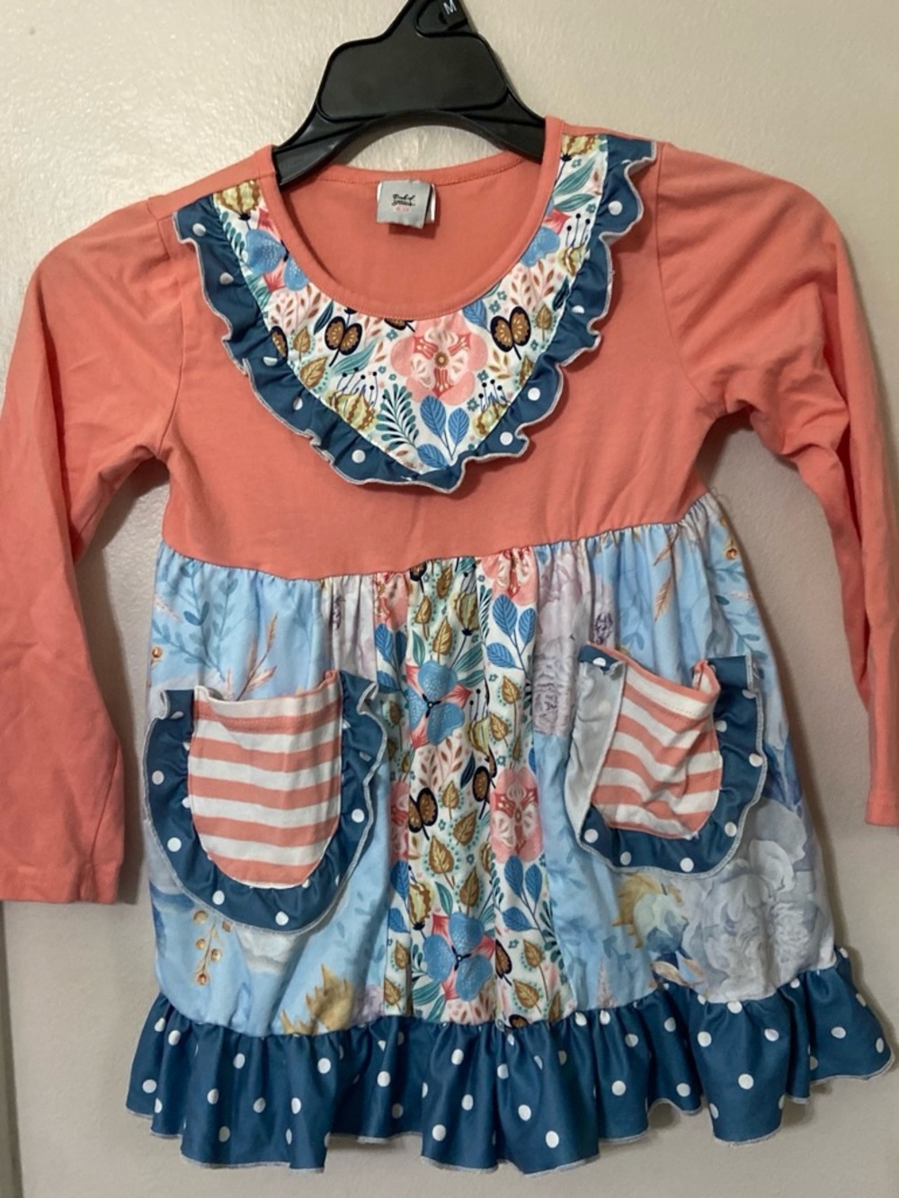Coral and Blue Floral Ruffle Girls' Long-Sleeve Dress